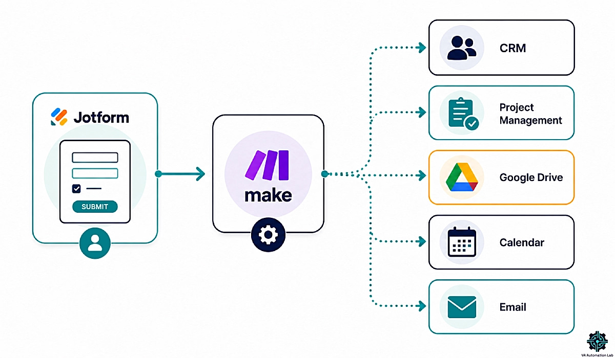 Jotform and Make automation workflow connecting CRM, calendar, email, Google Drive, and project management