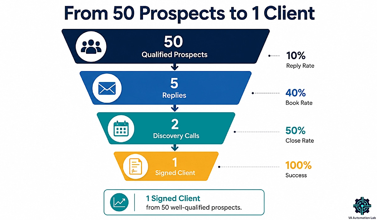 Virtual assistant client acquisition funnel from 50 qualified prospects to one signed client