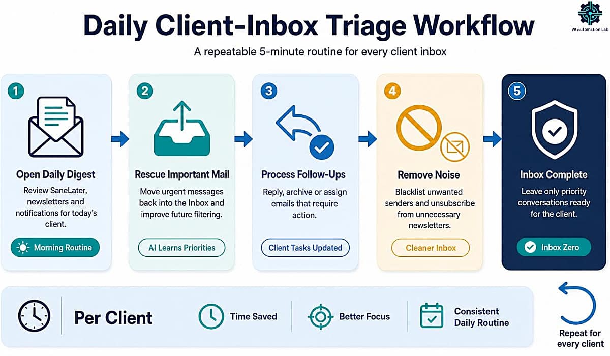 Daily SaneBox inbox triage workflow for virtual assistants managing client email with AI-powered organization