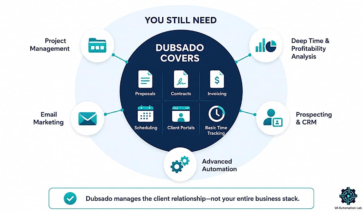 What Dubsado covers versus what virtual assistants still need in their tech stack