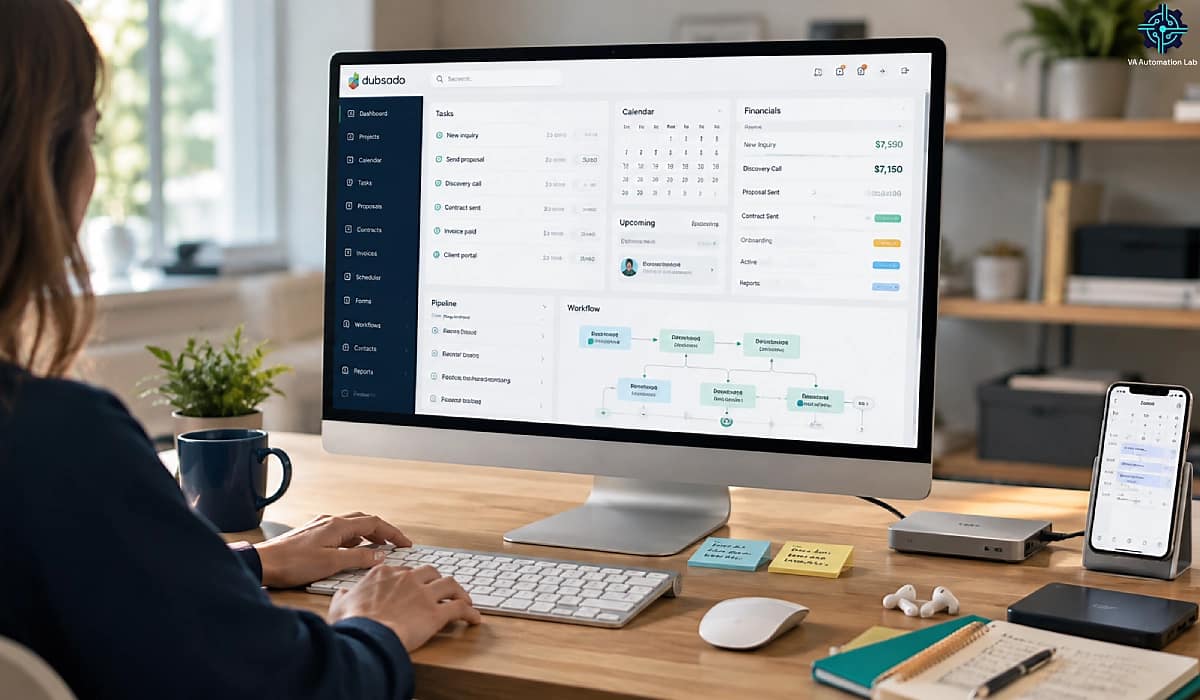 Dubsado for virtual assistants workspace with dashboard, client pipeline, contracts, invoices, and scheduling