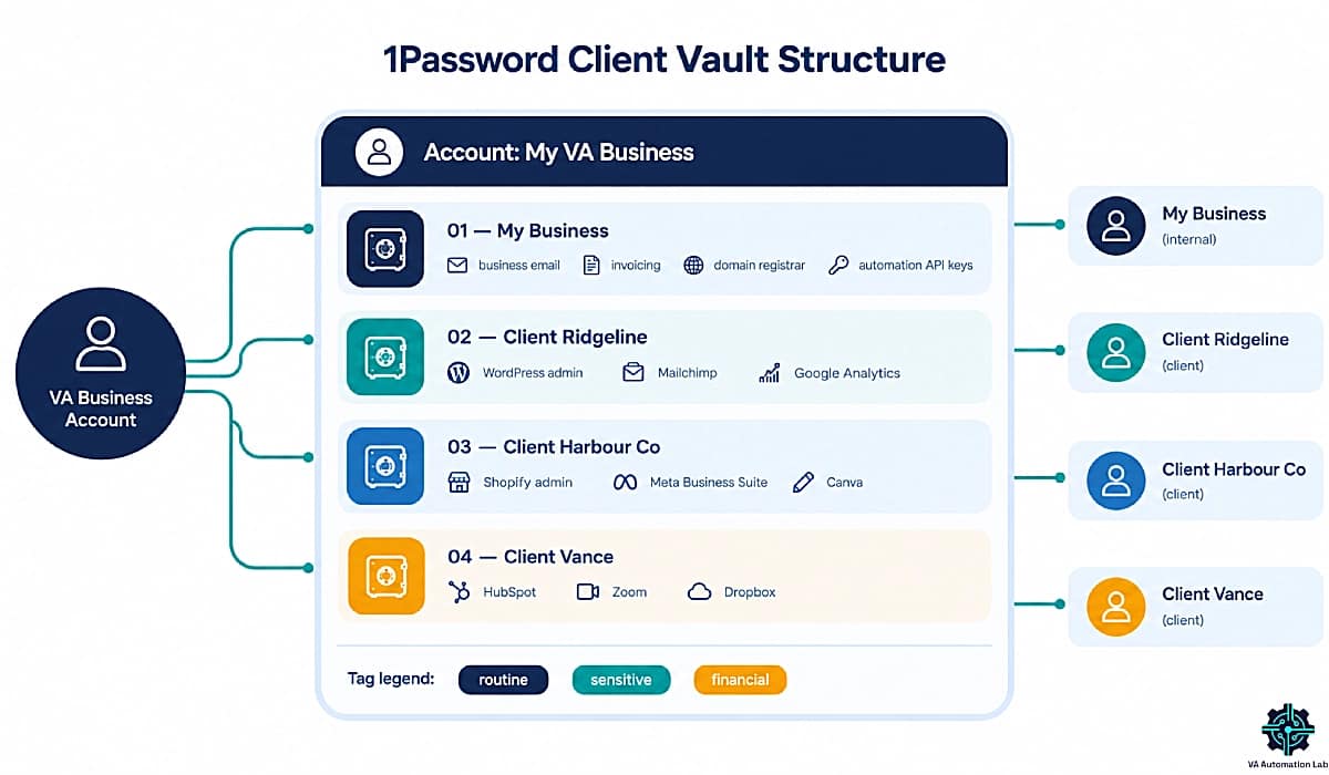 1Password vault structure for a virtual assistant with one vault per client and tagged items