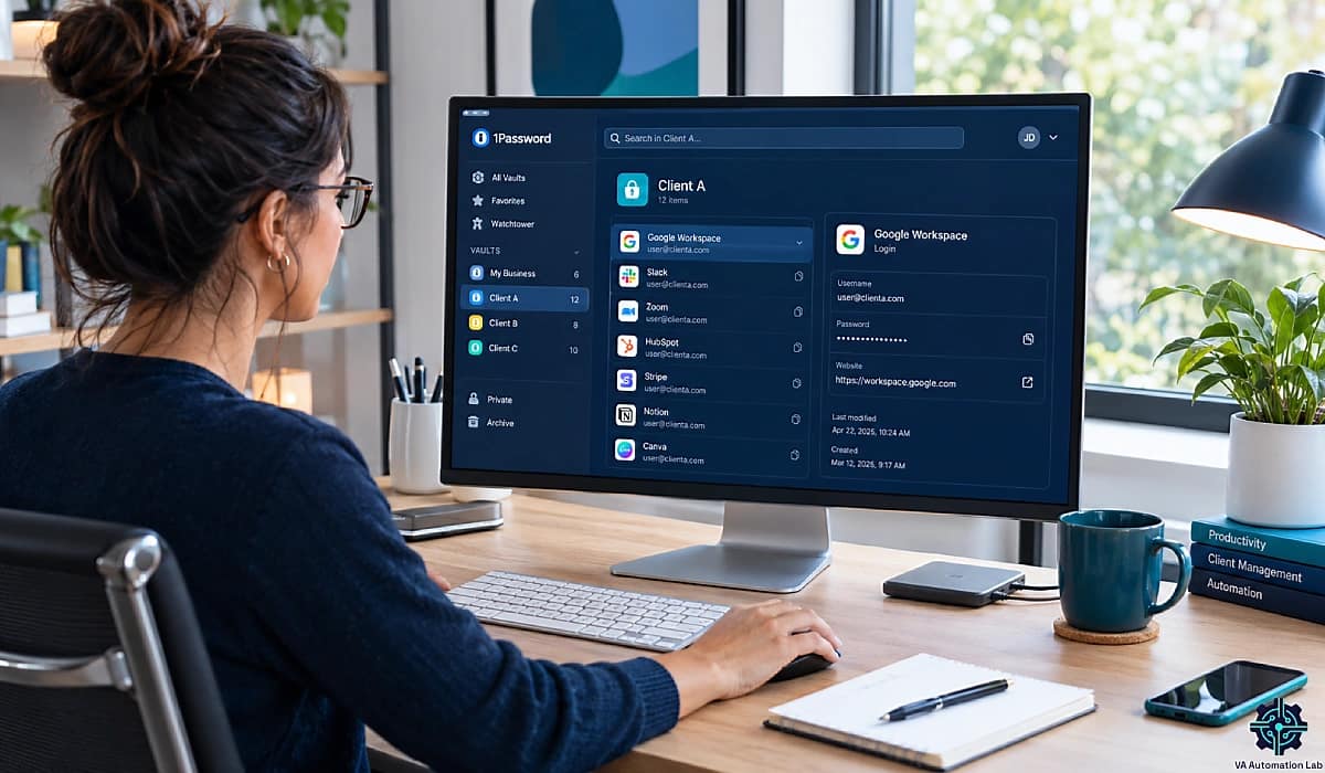 1Password for virtual assistants managing multiple client logins on a desktop monitor