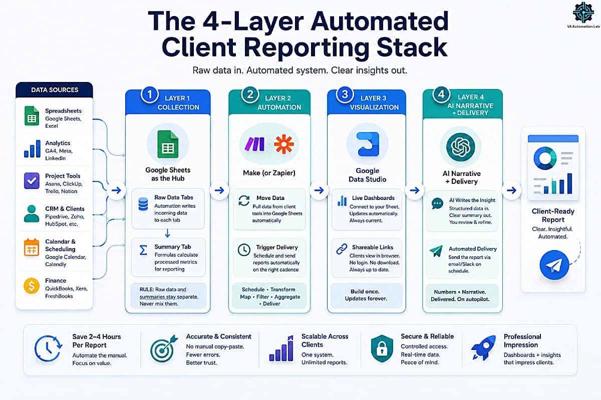 Automated client reporting stack showing data collection, automation, dashboard visualization, and AI-powered report delivery