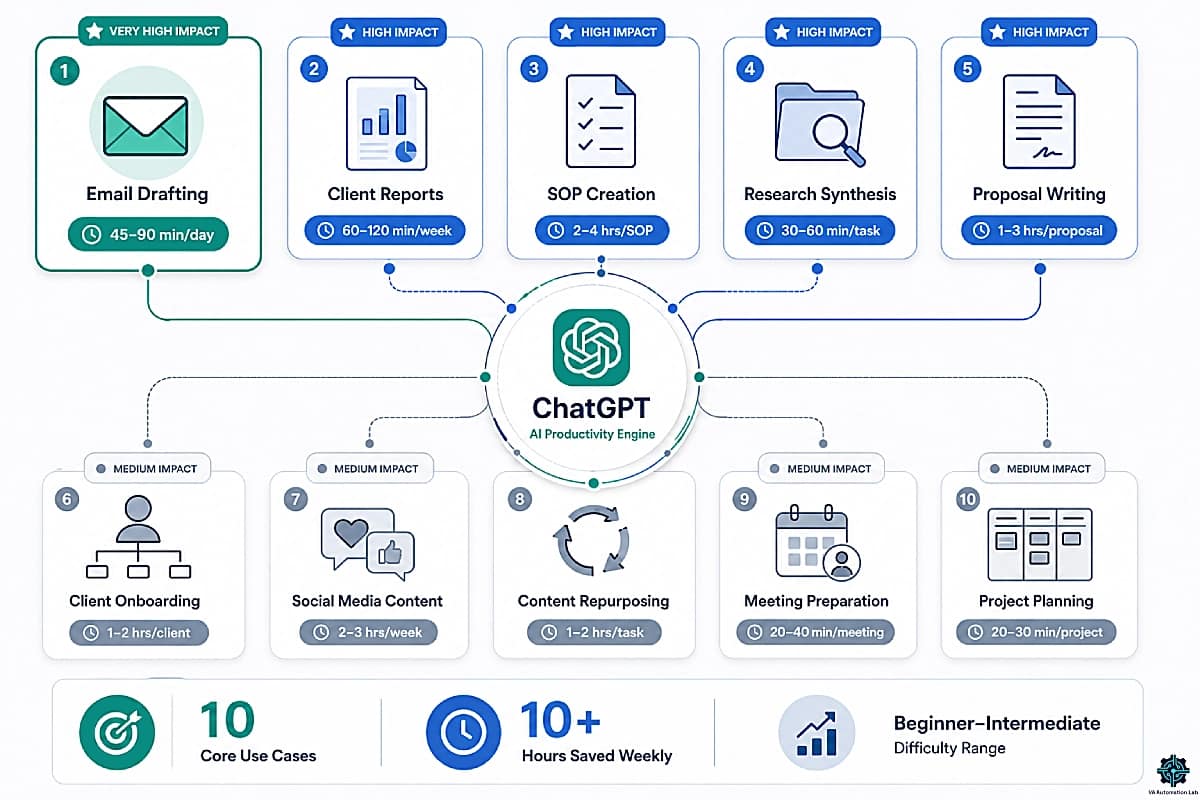 ChatGPT use cases for virtual assistants showing email drafting, reports, SOPs, research and project planning