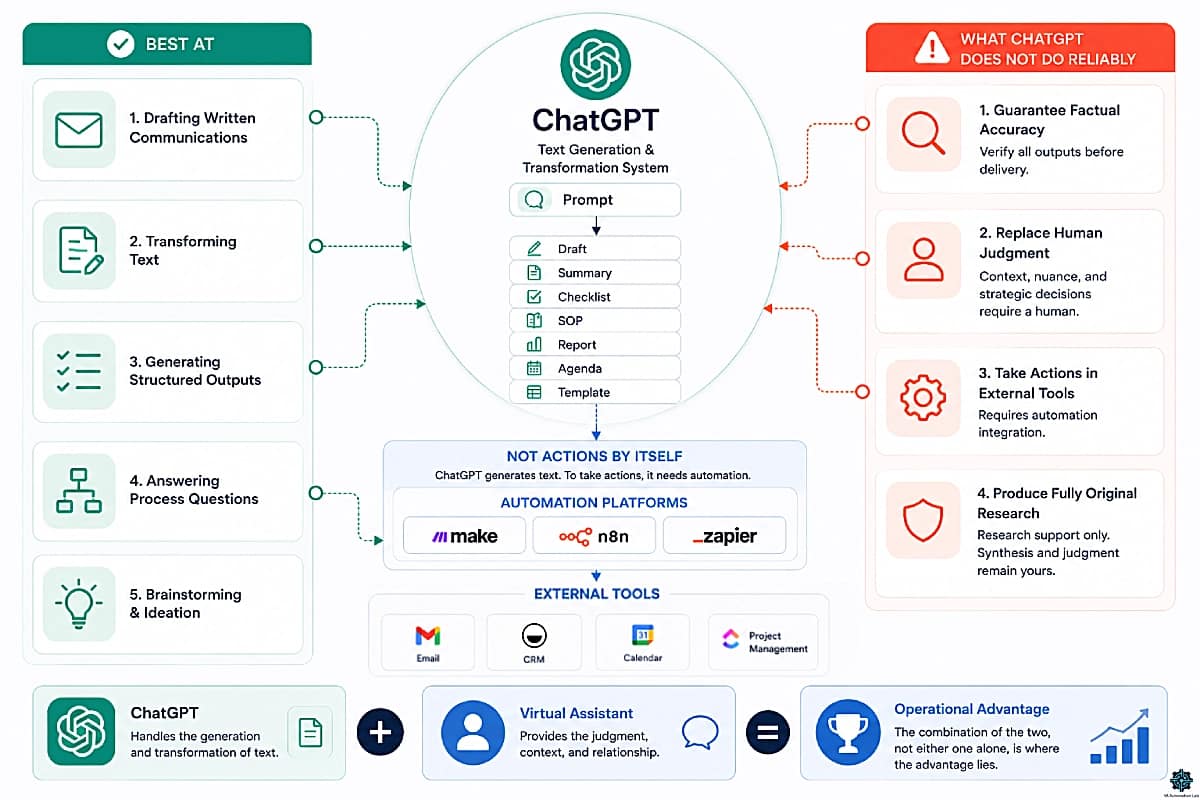 ChatGPT for virtual assistants infographic showing capabilities, limitations, automation tools and human oversight