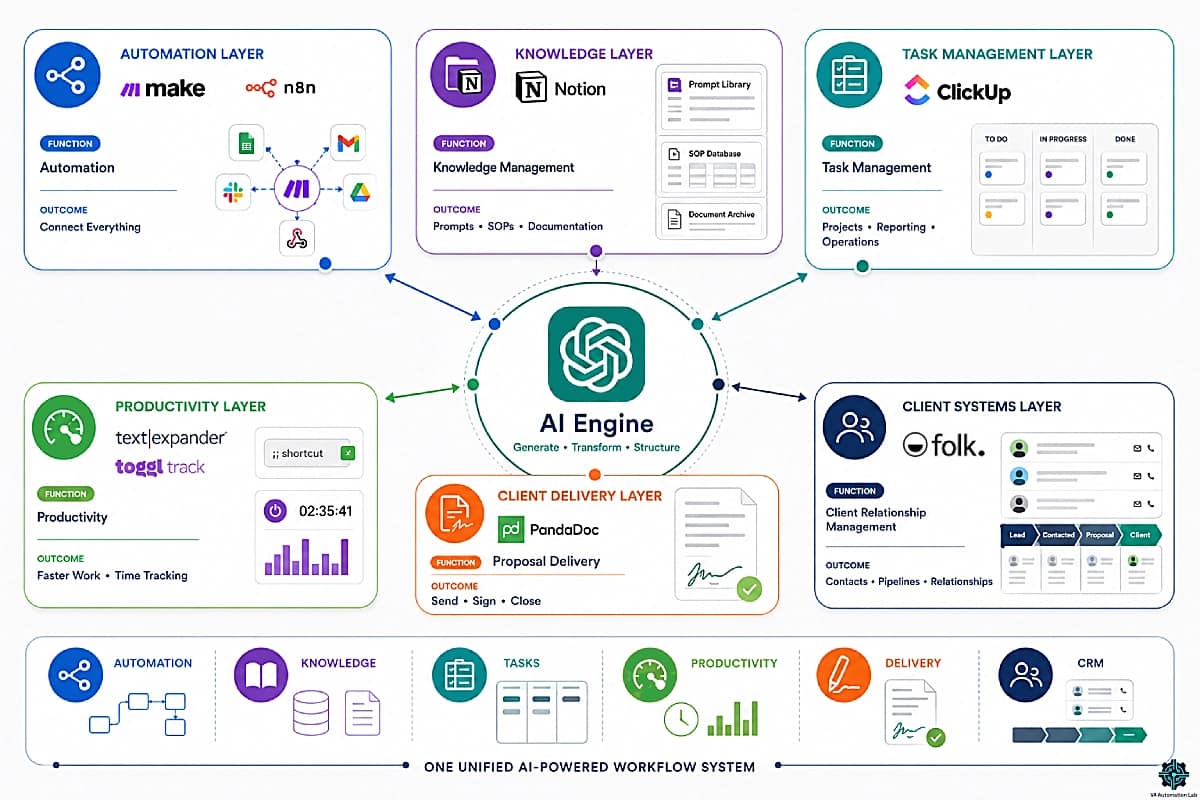 ChatGPT virtual assistant tool stack showing Make, Notion, ClickUp, PandaDoc, Folk and productivity tools