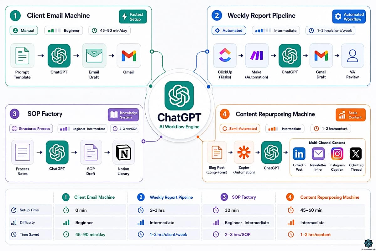 ChatGPT workflows for virtual assistants showing email automation, reporting, SOP creation and content repurposing