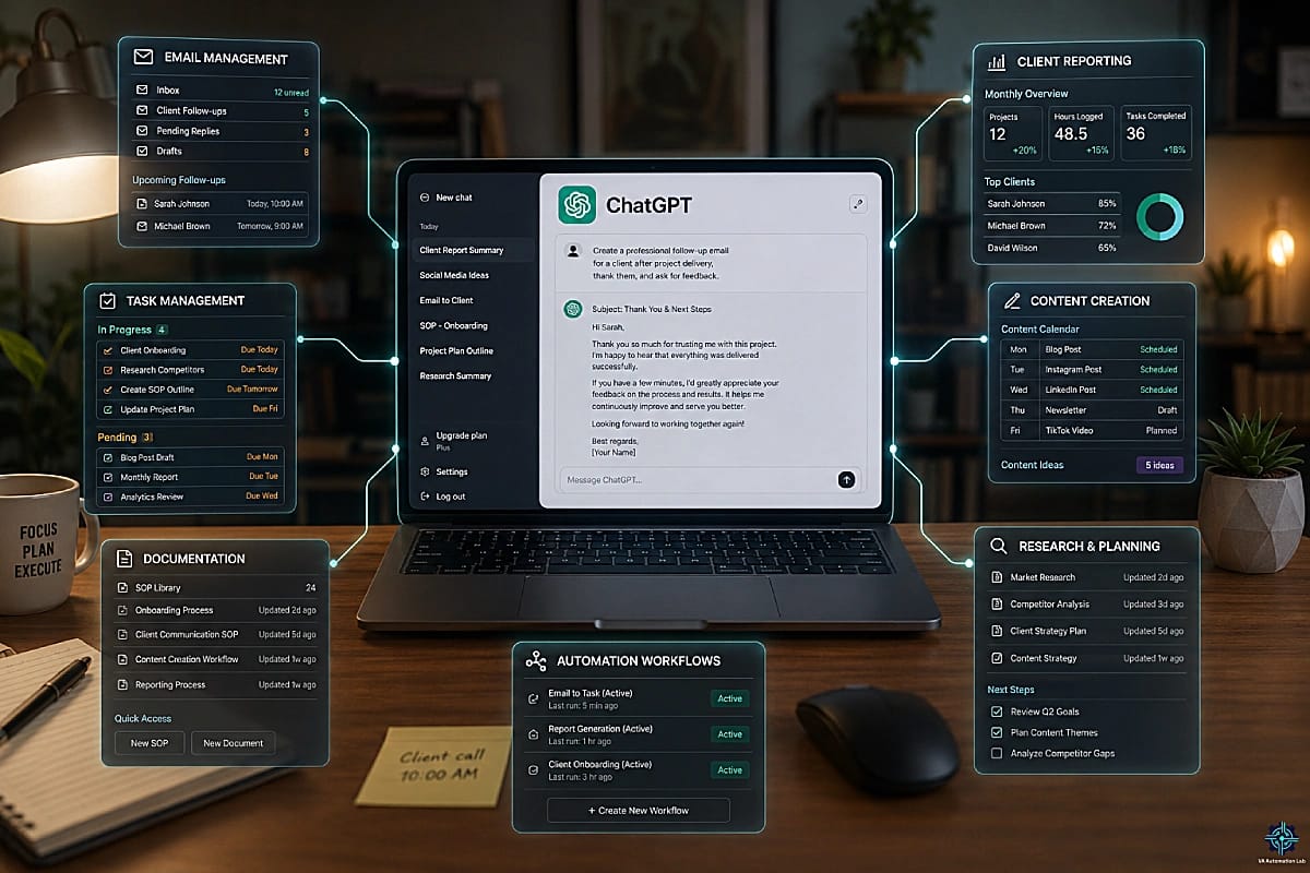ChatGPT for virtual assistants showing AI-powered workflows for email, reporting, content creation and planning