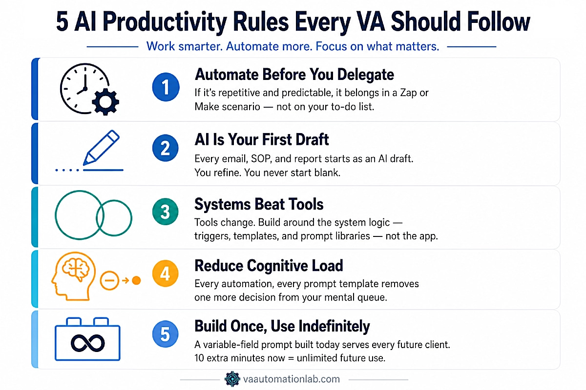 Five core principles of AI-driven productivity for virtual assistants — automate, first draft, systems beat tools, reduce cognitive load, build once.
