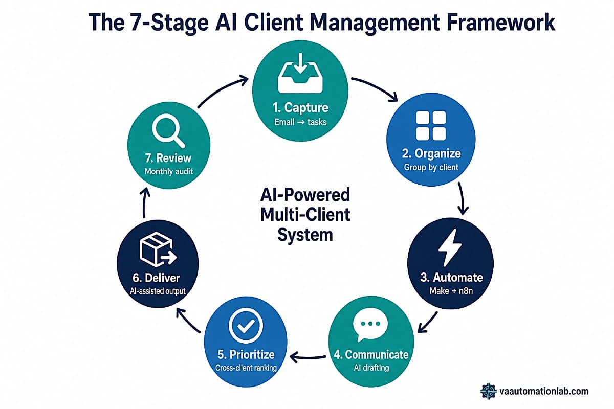 Seven-stage AI client management framework for virtual assistants: capture, organize, automate, prioritize, and review