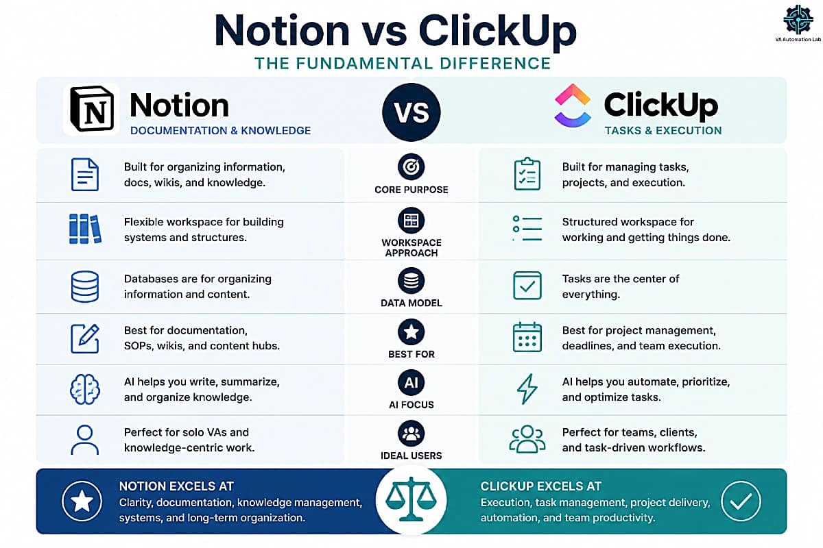 Notion vs ClickUp for virtual assistants — comparison for documentation, task management, AI, automation, and workflows