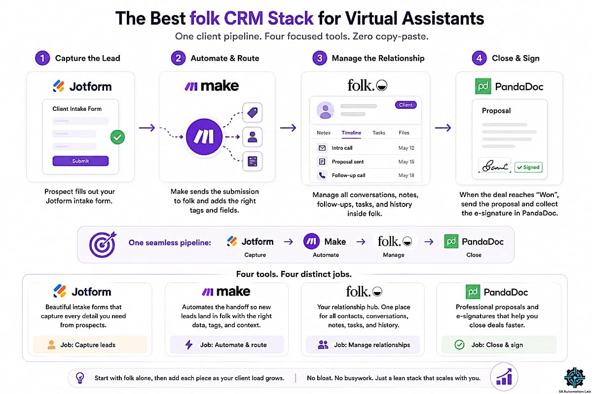 Best Folk CRM stack for virtual assistants — from Jotform lead capture through Make automation and Folk CRM relationship management to PandaDoc proposal signing