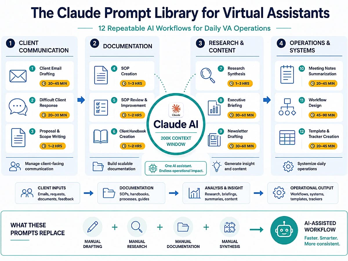 Claude AI prompt library for virtual assistants showing 12 workflow templates for client communication, documentation, research and operations