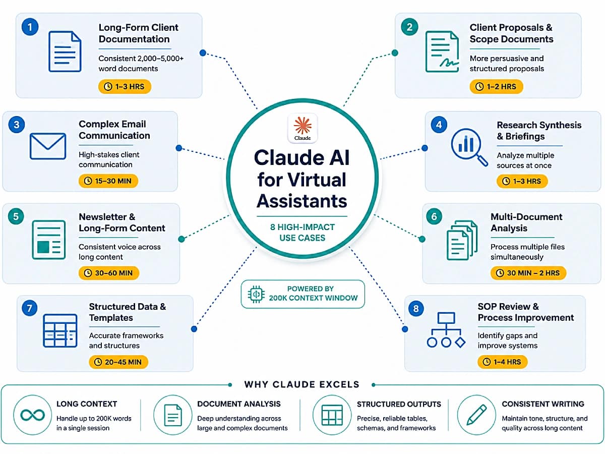 Top 8 Claude AI use cases for virtual assistants — infographic ranked by time saved per task type.