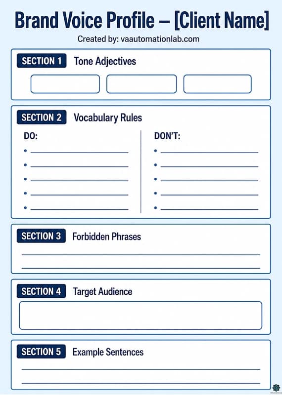 Brand voice profile template for virtual assistants managing AI writing across multiple clients.