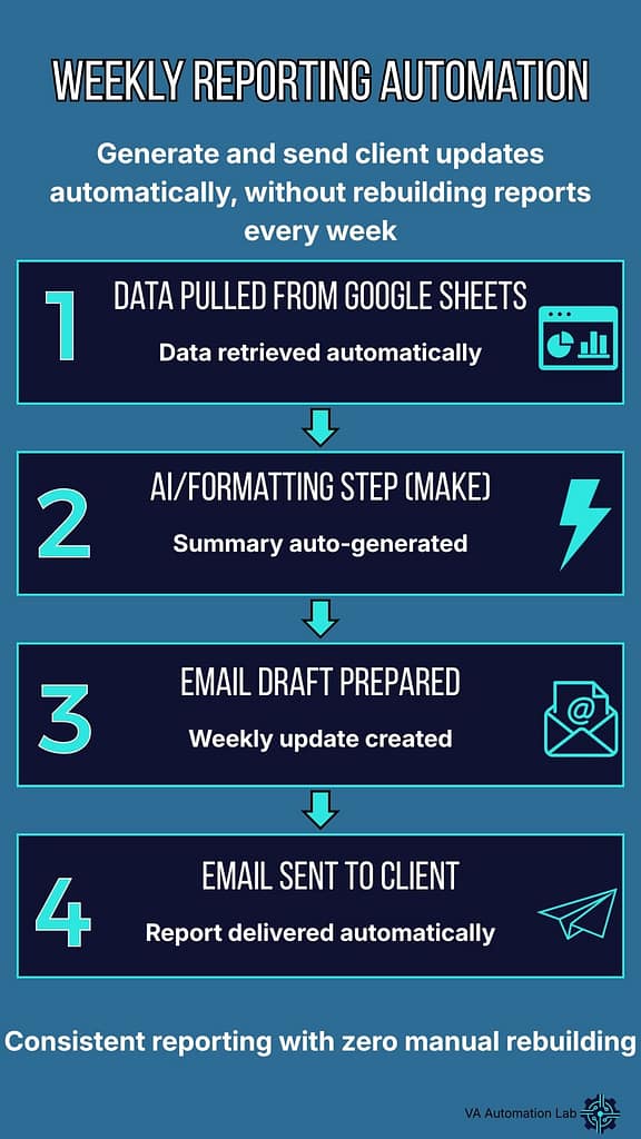 Weekly client reporting automation workflow for virtual assistants, from time tracking data to automated report delivery via Gmail