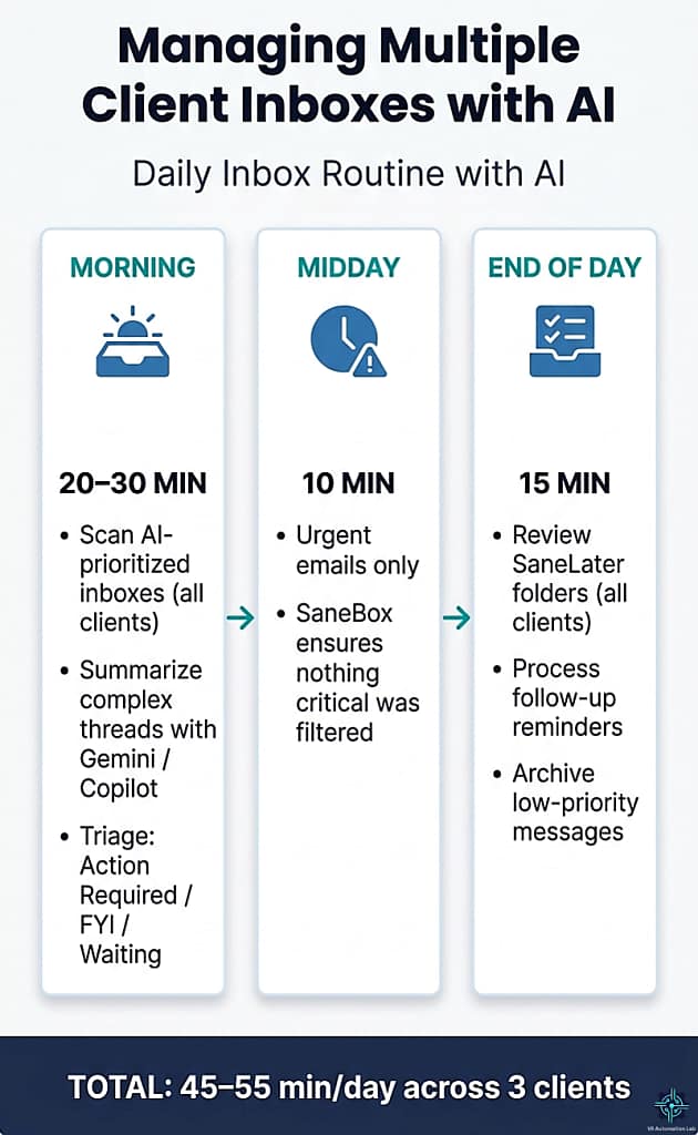 Daily AI email management routine for virtual assistants managing multiple clients — morning triage, midday check, and end-of-day review totaling under one hour
