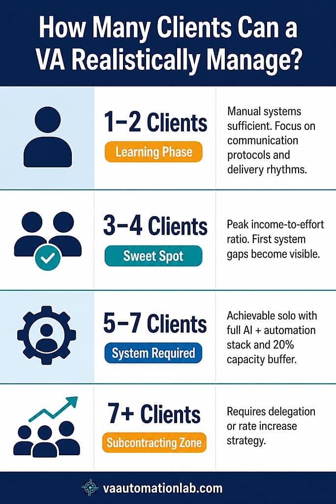 VA client capacity tiers infographic showing 1-2 learning phase, 3-4 sweet spot, 5-7 system-dependent, 7+ subcontracting