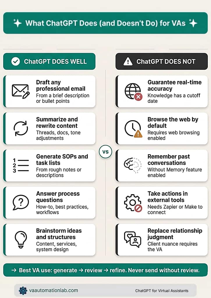 What ChatGPT does and doesn't do for virtual assistants — comparison of strong use cases versus limitations in VA operations.