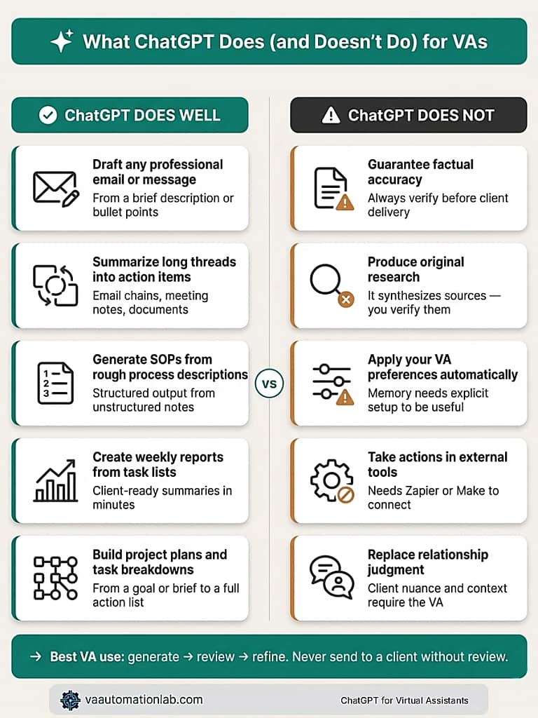 What ChatGPT does well and its limitations for virtual assistants — five core VA use cases versus five operational constraints.