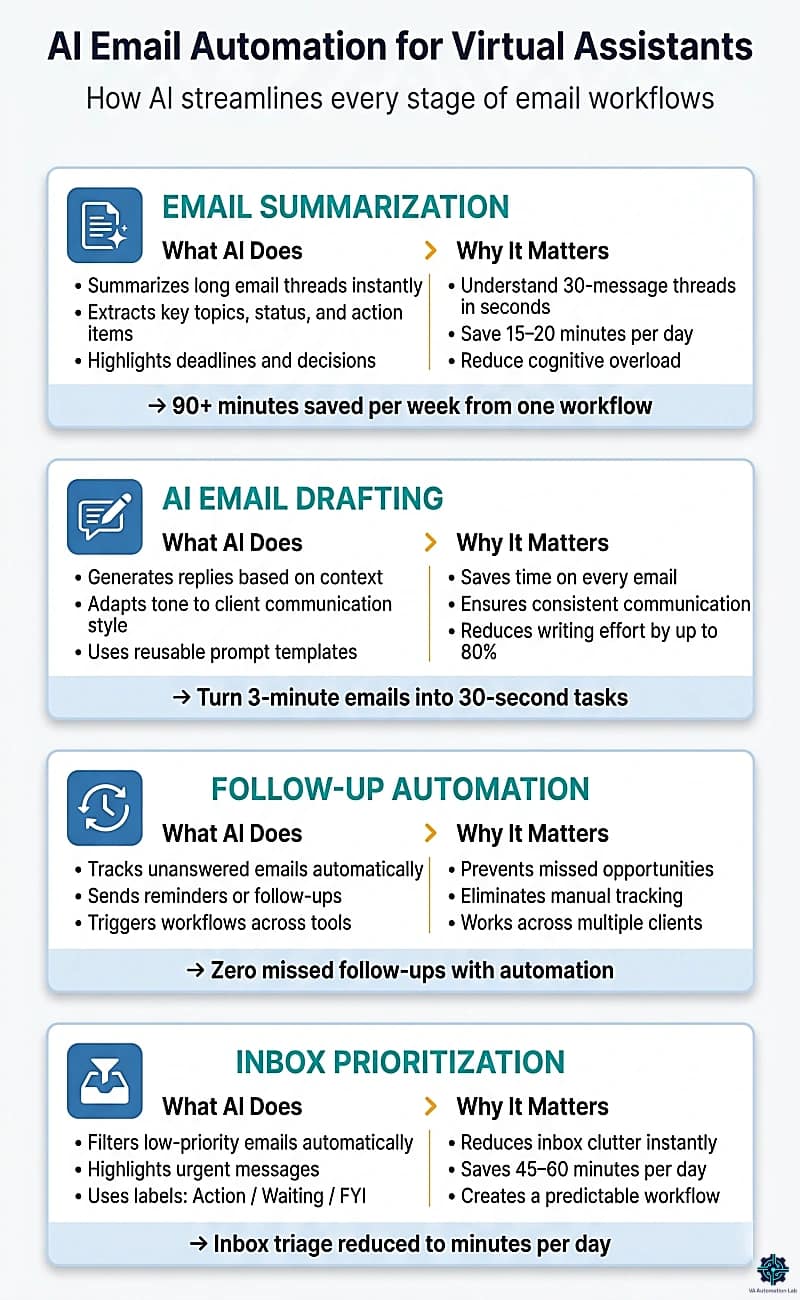 AI email automation workflow for virtual assistants showing summarization, drafting, follow-up automation and inbox prioritization with time-saving benefits