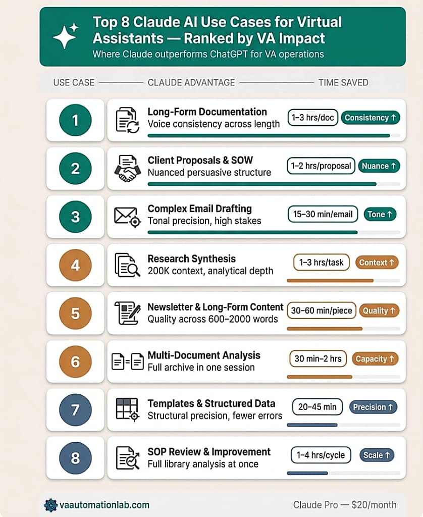 Top 8 Claude AI use cases for virtual assistants ranked by impact — long-form documentation, proposals, complex emails, research synthesis, content writing, multi-document analysis, templates, and SOP review with time saved per task.
